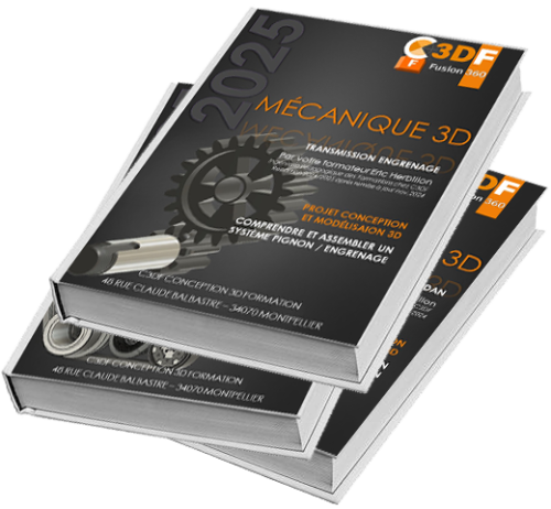 Pack de 3 cours PDF 'Fusion 360 : Transmission Mécanique - Cardan, Engrenage, Poulie, Courroie', guide détaillé sur la modélisation complète et l'assemblage en 3D.