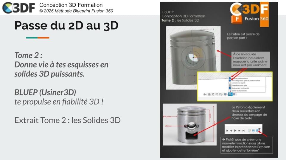 Solides 3D extrusion Fusion 360 tutoriel français piston PDF