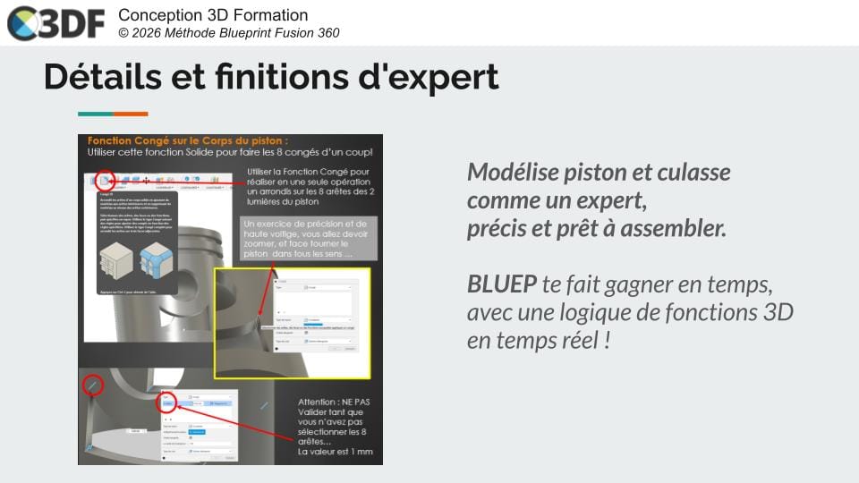 Congé piston culasse Fusion 360 tutoriel français pro PDF