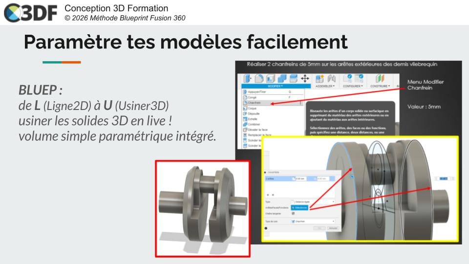 Chanfrein vilebrequin Fusion 360 tutoriel français volume PDF