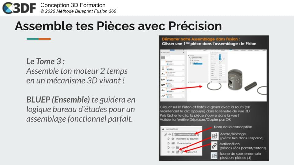 Assemblage piston bielle Fusion 360 tutoriel français mécanisme PDF