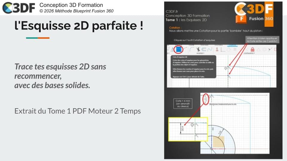 Esquisse 2D piston Fusion 360 tutoriel français moteur 2 temps PDF