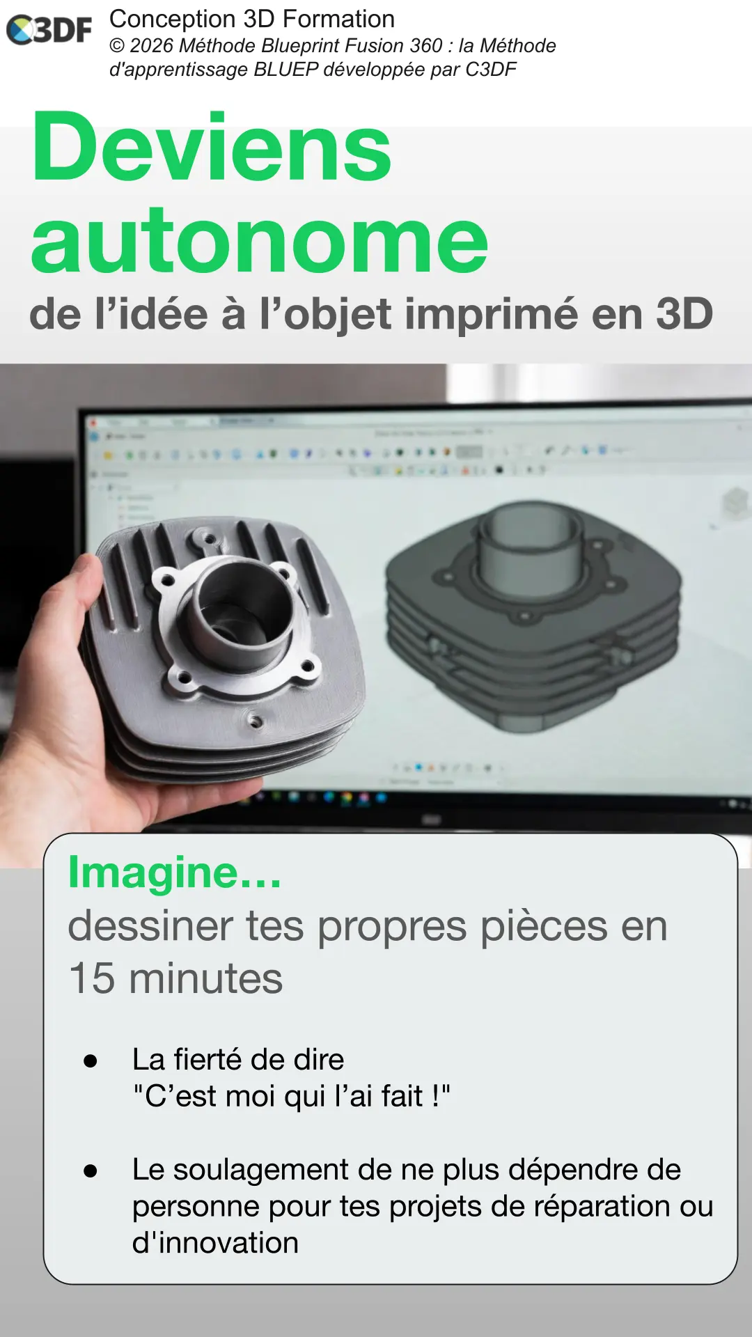 Objet imprimé en 3D à côté de sa conception numérique dans Fusion 360 par C3DF