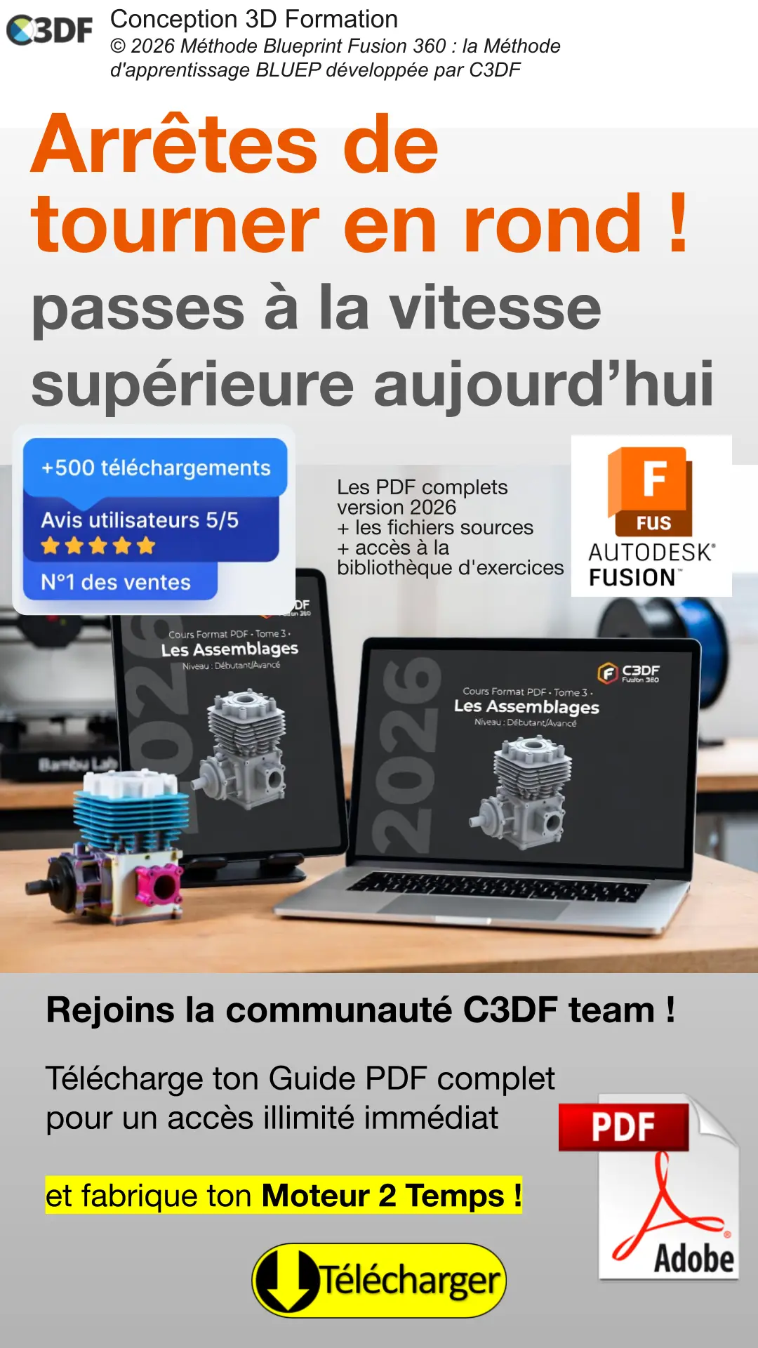 Une mise en situation (Mockup) du PDF sur une tablette et un ordinateur portable dans un atelier de maker propre et inspirant par C3DF