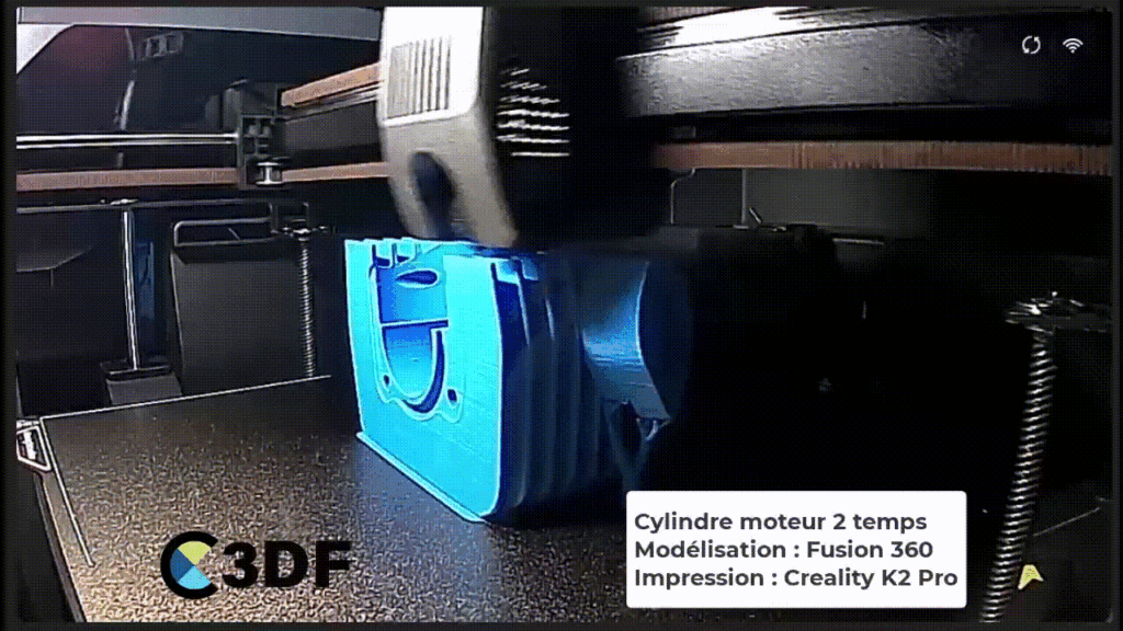 Fusion 360 et l'impression 3D haute vitesse d'un cylindre de moteur 2 temps modélisé sur Fusion 360 avec une Creality K2 Pro chez c3df