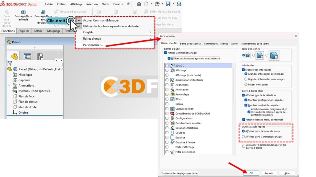 c3df mettre la barre d outils solidworks en haut du menu 