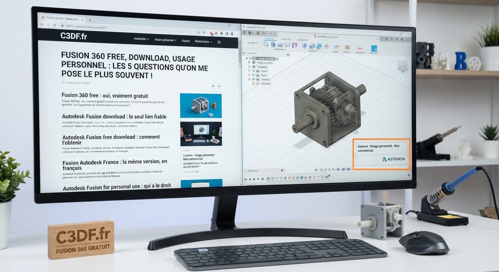 Vue d'un bureau avec un écran d'ordinateur affichant, à gauche, l'article C3DF.fr sur Fusion 360 gratuit, et à droite, le logiciel Fusion 360 avec un assemblage mécanique et une boîte de dialogue précisant la licence 'Usage personnel - Non commercial'. Un bloc en bois gravé 'C3DF.fr FUSION 360 GRATUIT' est posé sur le bureau.