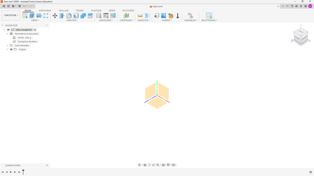 Ancien écran de démarrage de Fusion 360 sans les onglets Récents, Nouveau et Ouvrir, à la place de l'ouverture directe dans l'espace de travail