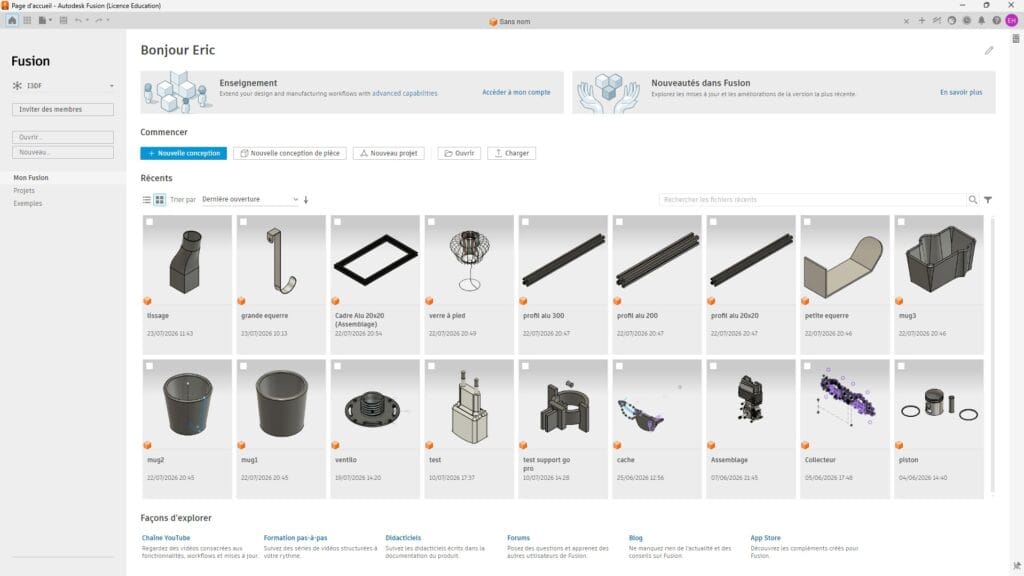 Nouvel écran de démarrage de Fusion 360 avec les onglets Récents, Nouveau et Ouvrir, à la place de l'ouverture directe dans l'espace de travail