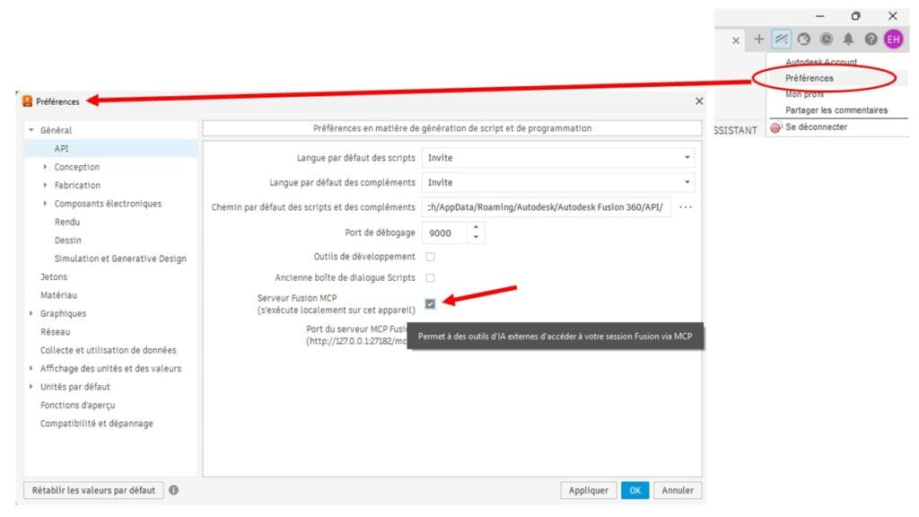 fusion360 ia activer serveur mcp activer ia externe dans fusion 360 - serveur mcp