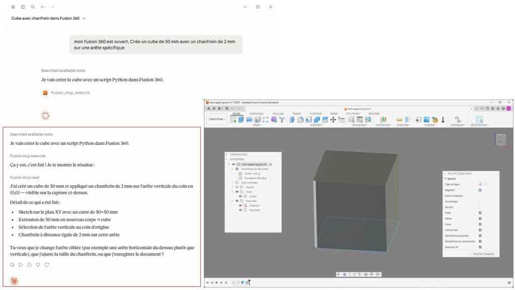 test cube 3d avec claude desktop ia et fusion 360 par C3DF