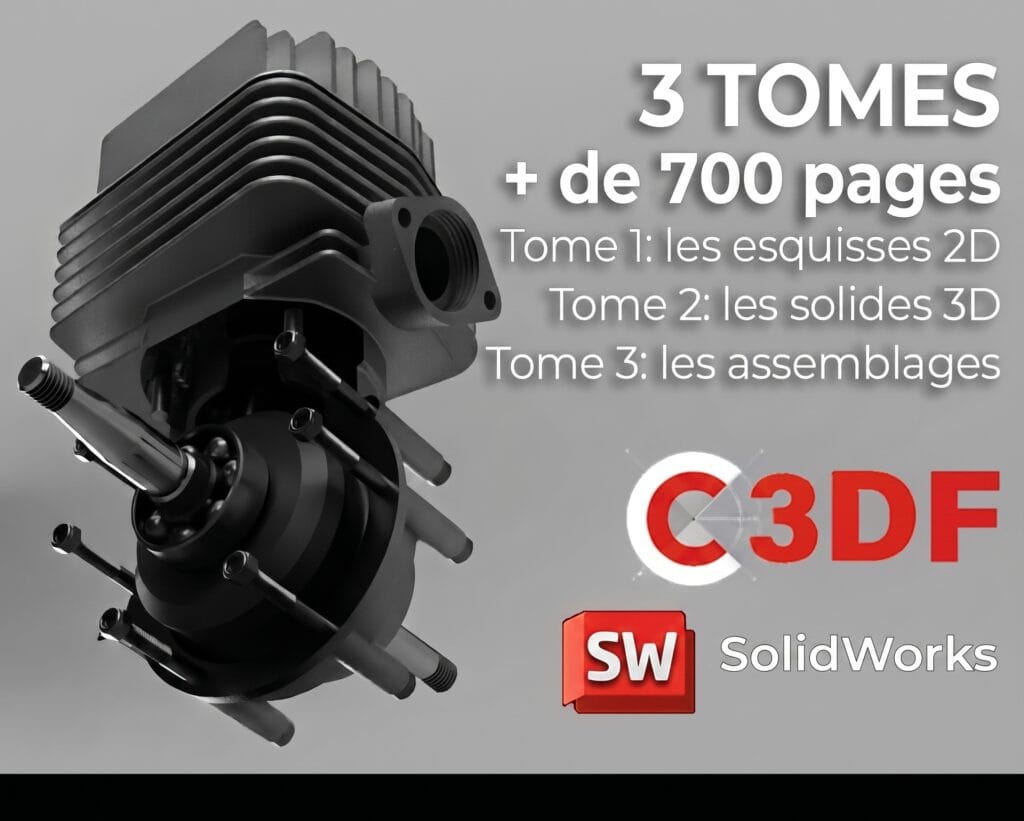 Gemini_Generated_Image_t3r0pft3r0pft3r0 Bannière de présentation de la formation complète SolidWorks : pack de 3 tomes (Esquisses 2D, Solides 3D, Assemblages) avec le Tome 4 Impression 3D offert, la méthode C3DF pour apprendre par la pratique sur des projets industriels.