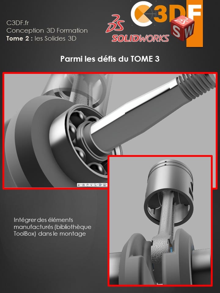 PDF23-page (Tome 3 - Assemblages) : Vue de l'intérieur du Tome 3 de formation SolidWorks, présentant des schémas techniques et des exercices pratiques sur les assemblages 3D.