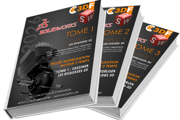 exercice pdf pour solidworks, Visuel de présentation des 3 tomes de la formation SolidWorks : Esquisses 2D, Solides 3D et Assemblages.