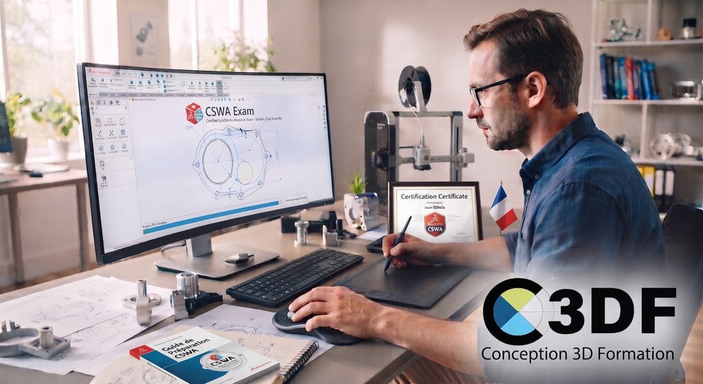 Un homme concentré portant des lunettes conçoit une pièce mécanique sur un logiciel de CAO SolidWorks. Il utilise une souris et une tablette graphique. Au premier plan se trouvent des pièces métalliques usinées et des esquisses papier. En arrière-plan, une imprimante 3D est visible. Le logo C3DF - Conception 3D Formation est affiché en bas à droite pour représenter la formation à la certification CSWA.