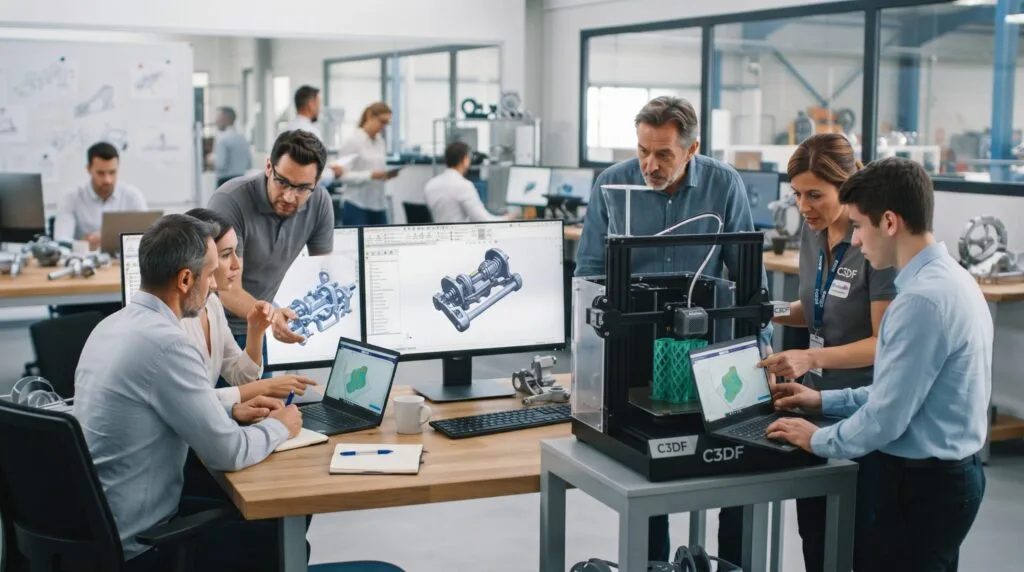Une équipe d'ingénieurs et de designers travaille ensemble dans un bureau d'études moderne. Autour d'une table en bois, un formateur C3DF debout explique un point sur un assemblage mécanique complexe affiché sur deux grands écrans d'ordinateur et un ordinateur portable. Deux collègues sont assis et participent activement à la discussion, l'une pointant un détail sur l'écran. D'autres employés travaillent en arrière-plan dans un open space lumineux rempli de matériel informatique et de prototypes.