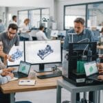 Une équipe d'ingénieurs et de designers travaille ensemble dans un bureau d'études moderne. Autour d'une table en bois, un formateur C3DF debout explique un point sur un assemblage mécanique complexe affiché sur deux grands écrans d'ordinateur et un ordinateur portable. Deux collègues sont assis et participent activement à la discussion, l'une pointant un détail sur l'écran. D'autres employés travaillent en arrière-plan dans un open space lumineux rempli de matériel informatique et de prototypes.