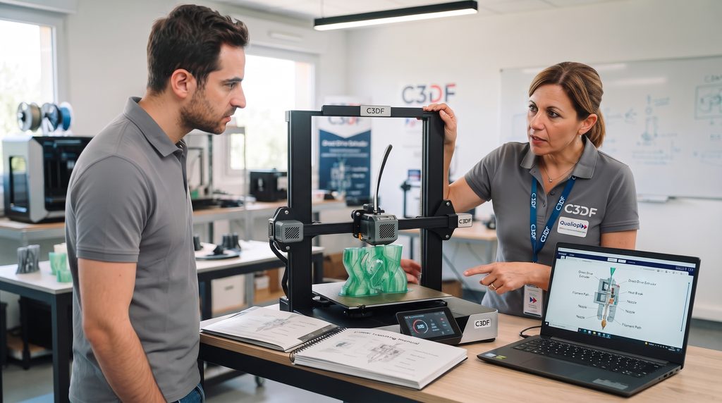 Dans un atelier de fabrication, un homme et une femme, tous deux vêtus de chemises polo grises de marque C3DF, sont debout à une table. L'homme, portant des lunettes de protection transparentes, examine attentivement une pièce en plastique vert translucide qui est en train d'être imprimée par une imprimante 3D de marque C3DF. Il règle la machine à l'aide de l'écran tactile intégré. La femme, avec un badge C3DF autour du cou, se tient à côté de lui et pointe du doigt quelque chose sur l'écran d'un ordinateur portable ouvert. Sur l'écran de l'ordinateur, une simulation de la pièce en plastique verte est visible. L'imprimante 3D et l'ordinateur sont tous deux sur la table. L'atelier en arrière-plan est équipé d'étagères contenant des bobines de filament colorées, d'autres imprimantes 3D et d'autres objets en plastique imprimés. Un tableau blanc avec des schémas se trouve derrière la femme. L'éclairage est naturel et uniforme. L'ambiance est studieuse et collaborative. Les machines sont noires et argentées avec la marque C3DF clairement visible.