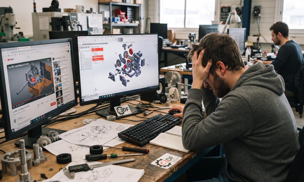 dans un atelier d'ingénierie, où un homme barbu en sweat gris est assis à un bureau d'ordinateur, la tête dans les mains en signe de frustration. Il travaille sur deux écrans : celui de gauche affiche une vidéo YouTube de tutoriel de CAO, et celui de droite un logiciel de CAO affichant un assemblage mécanique complexe (plusieurs engrenages et pièces) en train d'exploser ou en échec. Le bureau est encombré de plans techniques, d'engrenages réels, d'outils et d'un autocollant portant le logo « C3DF ». Un autre ingénieur travaille en arrière-plan. L'image illustre la difficulté d'appliquer les tutoriels aux projets réels.