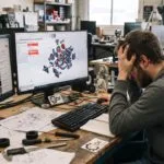 dans un atelier d'ingénierie, où un homme barbu en sweat gris est assis à un bureau d'ordinateur, la tête dans les mains en signe de frustration. Il travaille sur deux écrans : celui de gauche affiche une vidéo YouTube de tutoriel de CAO, et celui de droite un logiciel de CAO affichant un assemblage mécanique complexe (plusieurs engrenages et pièces) en train d'exploser ou en échec. Le bureau est encombré de plans techniques, d'engrenages réels, d'outils et d'un autocollant portant le logo « C3DF ». Un autre ingénieur travaille en arrière-plan. L'image illustre la difficulté d'appliquer les tutoriels aux projets réels.