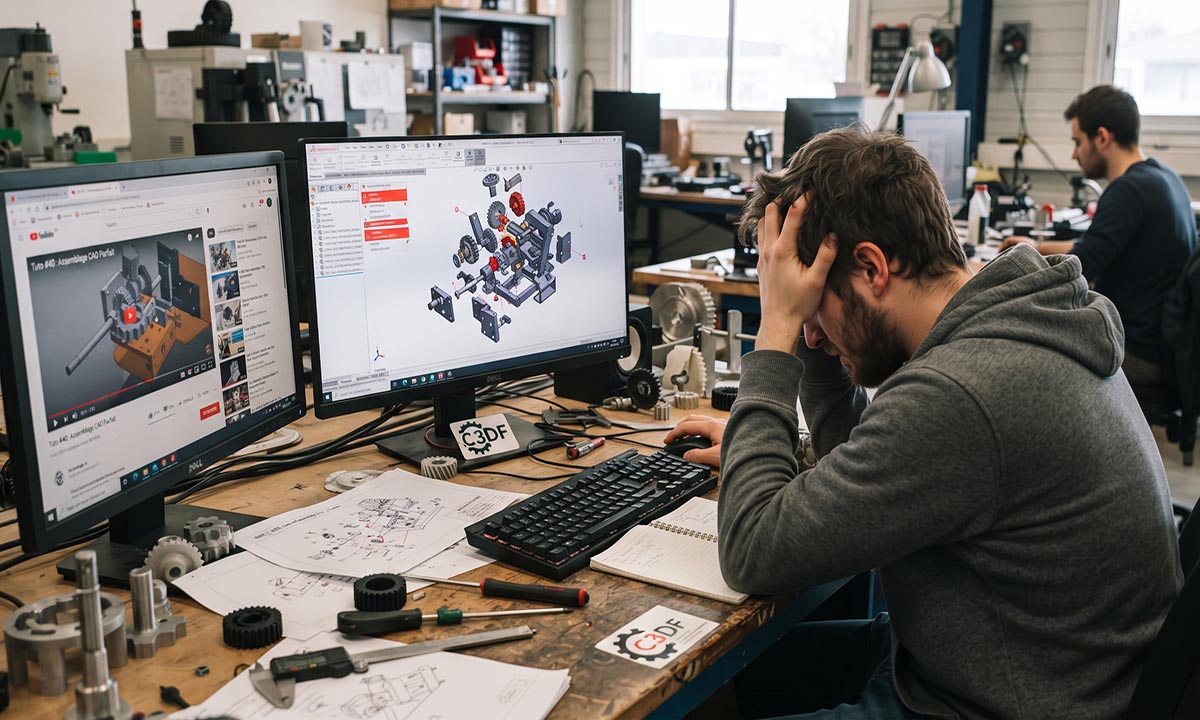dans un atelier d'ingénierie, où un homme barbu en sweat gris est assis à un bureau d'ordinateur, la tête dans les mains en signe de frustration. Il travaille sur deux écrans : celui de gauche affiche une vidéo YouTube de tutoriel de CAO, et celui de droite un logiciel de CAO affichant un assemblage mécanique complexe (plusieurs engrenages et pièces) en train d'exploser ou en échec. Le bureau est encombré de plans techniques, d'engrenages réels, d'outils et d'un autocollant portant le logo « C3DF ». Un autre ingénieur travaille en arrière-plan. L'image illustre la difficulté d'appliquer les tutoriels aux projets réels.