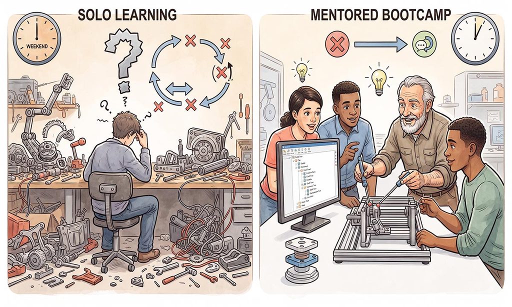 c3df-accompagnement-cao-cnc Chez C3DF avec une illustration technique comparative, divisée en deux panneaux sans texte, montrant deux méthodes d'apprentissage de la mécanique. Le panneau de gauche, sous une horloge affichant un week-end, représente l'apprentissage en solo : un homme est seul dans un atelier extrêmement encombré, le dos tourné, la tête dans les mains, entouré d'un désordre chaotique de pièces, de plans enchevêtrés et d'engrenages éparpillés sur et autour d'un établi. Au-dessus de lui, un grand point d'interrogation et des boucles complexes de flèches avec des croix rouges symbolisent sa frustration et son manque de progrès. Le panneau de droite, sous une horloge affichant un temps très court, représente l'apprentissage mentoré en petit groupe : quatre stagiaires de divers horizons (jeunes femmes et hommes) sont concentrés et souriants autour d'un poste de travail propre. Un mentor expérimenté, un homme âgé avec une barbe, leur montre un point spécifique sur un assemblage mécanique et sur un écran d'ordinateur affichant un arbre de construction clair et ordonné. Des ampoules allumées et une simple flèche avec un point de coche vert au-dessus d'eux symbolisent la compréhension immédiate et efficace. Le contraste visuel entre l'atelier en désordre et l'espace de travail collaboratif organisé est frappant.
