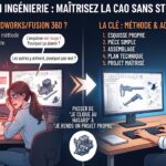 Infographie comparative montrant la transition d'une étudiante en ingénierie : à gauche, stressée et bloquée avec des erreurs sur deux écrans CAO (« Esquisse rouge ! Pourquoi ça plante ? ») et le texte « GALÈRE SUR SOLIDWORKS/FUSION 360 ? » ; à droite, confiante, souriante et travaillant proprement sur un écran (« J'ai enfin la méthode C3DF ! ») avec la liste « LA CLÉ : MÉTHODE & ACCOMPAGNEMENT ». Au centre, une flèche avec le slogan « PASSER DE 'JE CLIQUE AU HASARD' À 'JE RENDS UN PROJET PROPRE' ».