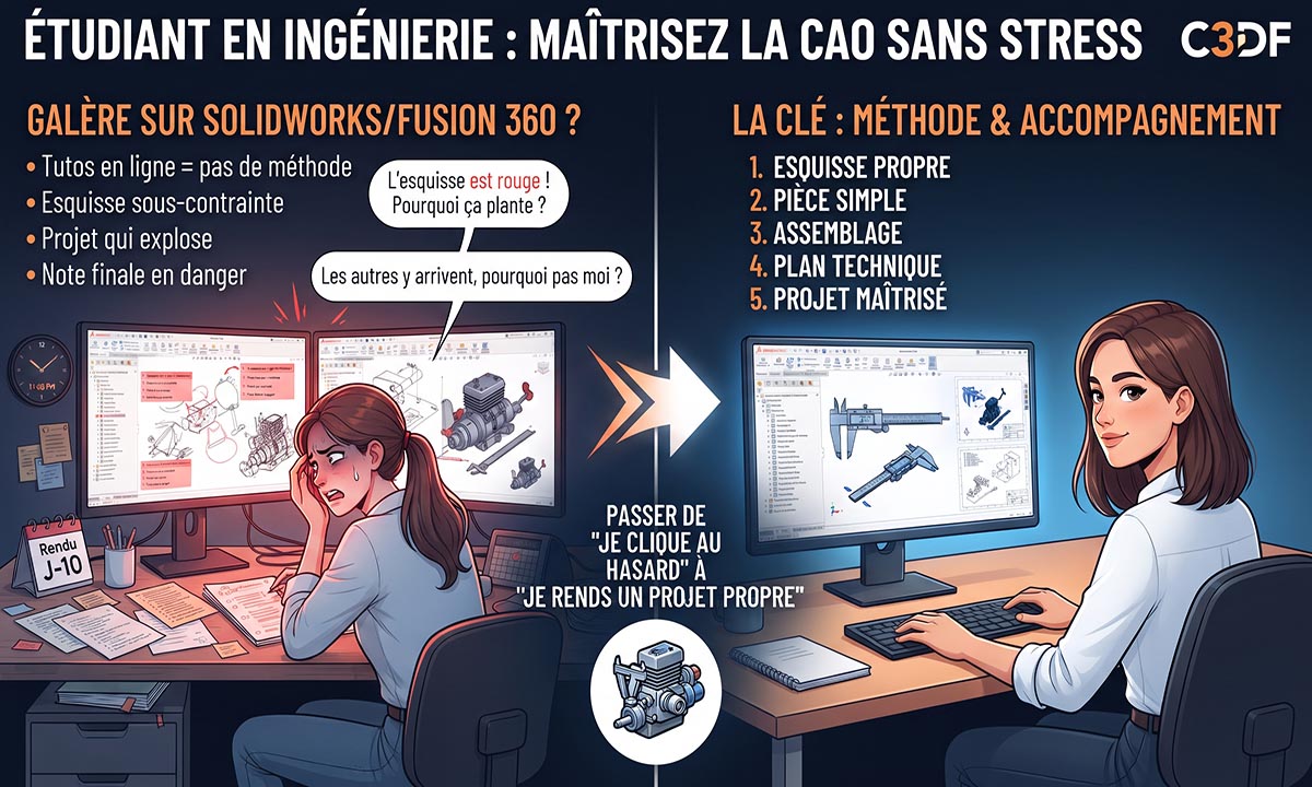 Infographie comparative montrant la transition d'une étudiante en ingénierie : à gauche, stressée et bloquée avec des erreurs sur deux écrans CAO (« Esquisse rouge ! Pourquoi ça plante ? ») et le texte « GALÈRE SUR SOLIDWORKS/FUSION 360 ? » ; à droite, confiante, souriante et travaillant proprement sur un écran (« J'ai enfin la méthode C3DF ! ») avec la liste « LA CLÉ : MÉTHODE & ACCOMPAGNEMENT ». Au centre, une flèche avec le slogan « PASSER DE 'JE CLIQUE AU HASARD' À 'JE RENDS UN PROJET PROPRE' ».